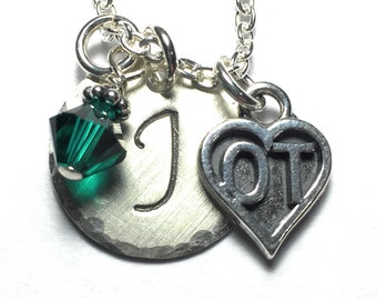 Occupational Therapy Hand Stamped Sterling Silver Initial Birthstone Charm Necklace - OT Therapist Gifts