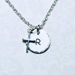 Tiny Sterling Silver Cross Hand Stamped Petite Initial Charm Necklace