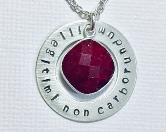 Illegitimi Non Carborundum Hand Stamped Sterling Silver Necklace, Don't Let The Bastards Grind You Down Necklace with Ruby Red Gemstone