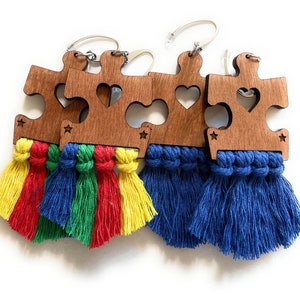 Autism Awareness Wood Puzzle Piece Macrame Fringe Earrings - Choose Multi-colored or Blue Tassels