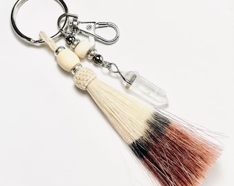 Brown Dyed Horse Hair Tassel Keychain with Beaded Crystal Quartz Gemstone Point