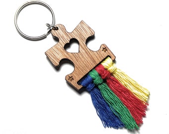 Autism Awareness Puzzle Piece Keychain,  Macrame Fringe Wooden Key Ring