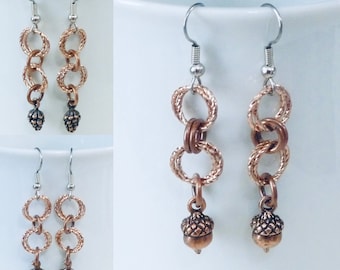 Chainmaille Autumn Copper Earrings - Choose One Pair - Acorn, Pine Cone or Oak Leaves