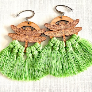 Wooden Dragonfly Lime Green Macrame Fringe Earrings