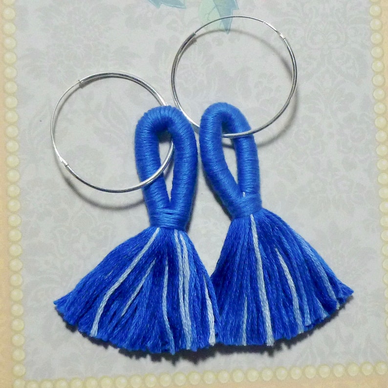 Statement Shades of Blue Looped Tassel Sterling Silver Hoop Earrings