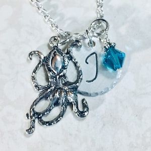 Octopus Hand Stamped Sterling Silver Initial Birthstone Charm Necklace