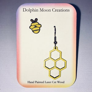 Mismatched Honey Bee on Honeycomb Hand Painted Laser Cut Wooden Earrings