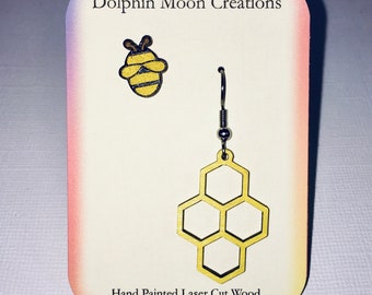 Mismatched Honey Bee on Honeycomb Hand Painted Laser Cut Wooden Earrings