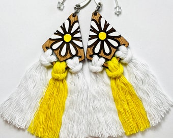 Daisy Hand Painted Wood Cotton Tassel Earrings