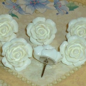 White Rose Flower Push Pins, Decorative Resin Rose Flower Cabochon Thumb Tacks Set of 6 image 2