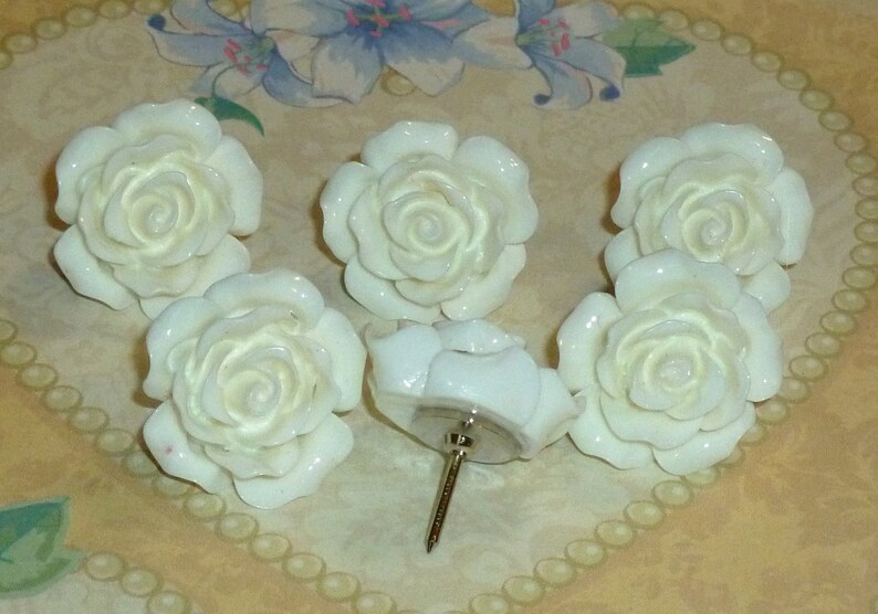 White Rose Flower Push Pins, Decorative Resin Rose Flower Cabochon Thumb Tacks Set of 6 image 2