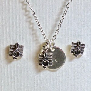 Treble Clef Music Note Hand Stamped Sterling Silver Initial Charm Necklace and Earring Jewelry Set