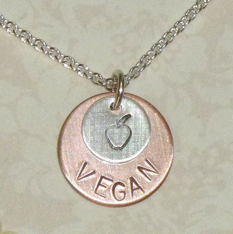 Vegan avec Apple Hand Stamped Copper et Sterling Silver Charm Necklace image 1