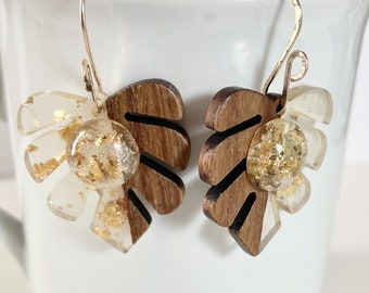 Monstera Leaf Wood and Gold Flake Resin Earrings on Artisan Handcrafted Gold Filled Ear Wires