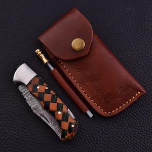 Artisan Damascus Steel Pocket Knife with Elegant Wood and Resin Handle
