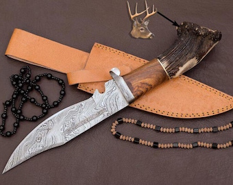 Personalized Damascus Hunting Knife – Custom Stag Horn Handle, Gift for Boyfriend
