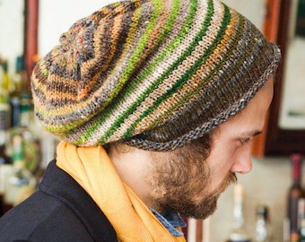 Man's Slouch Hat, made with Noro Kureyon Yarn, digital knitting pattern download