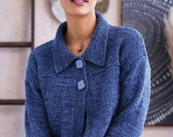 Tahoe long-sleeve cardigan pattern, made with Noro Madara, digital knitting pattern download