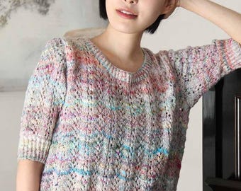 Aiko lacy short sleeve pullover pattern, made with Noro Kompeito, digital knitting pattern download