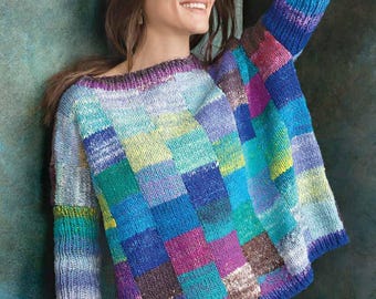 Squared Sweater, made with Noro Kureyon Yarn, digital knitting pattern download