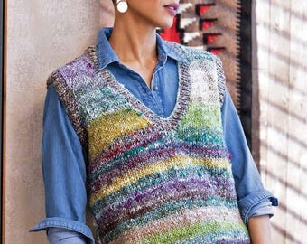 Peoria Vest pattern, made with Noro Rikka yarn, digital knitting pattern download