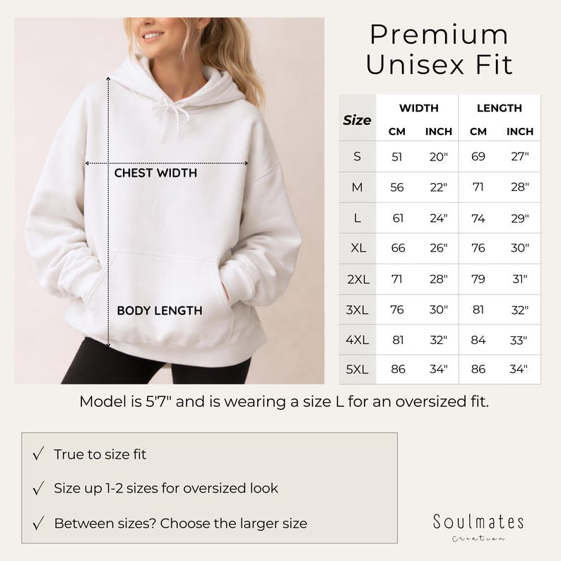 May include: A white unisex hoodie with a chest width measurement chart in centimetres and inches. The chart shows sizes from S to 5XL, with chest widths ranging from 51cm to 86cm and body lengths from 69cm to 86cm. The model is 5'7" and wearing a size L.