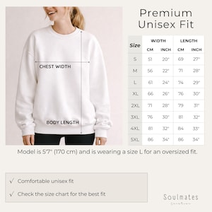 May include: A white crewneck sweatshirt with a size chart displaying measurements in inches and centimeters. The chart lists sizes from S to 5XL with corresponding chest width and body length. Text includes Premium Unisex Fit and model details.