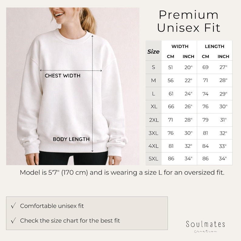 May include: A white crewneck sweatshirt with a size chart displaying measurements in inches and centimeters. The chart lists sizes from S to 5XL with corresponding chest width and body length. Text includes Premium Unisex Fit and model details.
