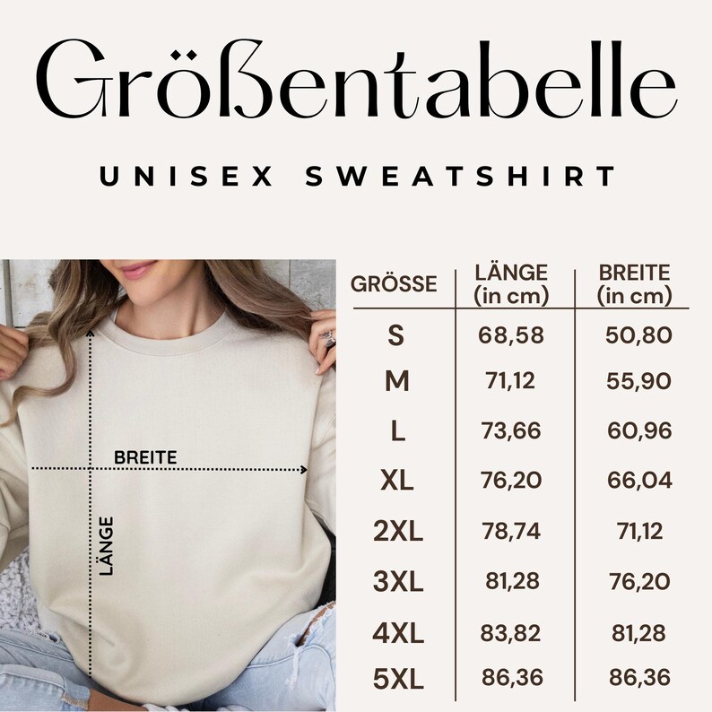 May include: A beige unisex sweatshirt with a size chart. The chart displays measurements in centimeters for length and width, ranging from size S (27 inches long, 20 inches wide) to 5XL (34 inches long, 34 inches wide).
