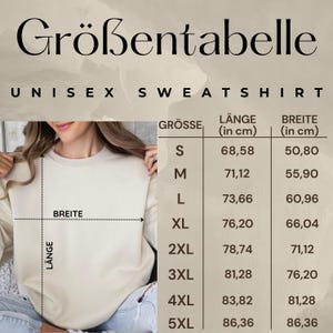 Peut inclure: Tableau des tailles pour un sweat-shirt unisexe beige. Le tableau indique les tailles du S au 5XL avec les mesures de longueur et de largeur correspondantes en centim&egrave;tres.