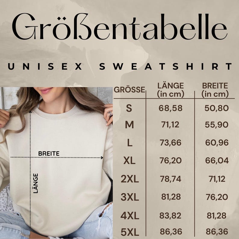 Peut inclure: Tableau des tailles pour un sweat-shirt unisexe beige. Le tableau indique les tailles du S au 5XL avec les mesures de longueur et de largeur correspondantes en centim&egrave;tres.