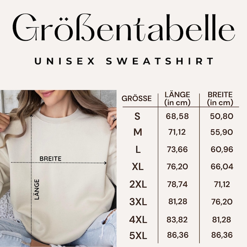K&ouml;nnte beinhalten: Beiges Unisex-Sweatshirt mit Gr&ouml;&szlig;entabelle. Die Tabelle zeigt Ma&szlig;e in Zentimetern f&uuml;r L&auml;nge und Breite, von Gr&ouml;&szlig;e S bis 5XL. Der Text "Gr&ouml;&szlig;entabelle" steht oben.