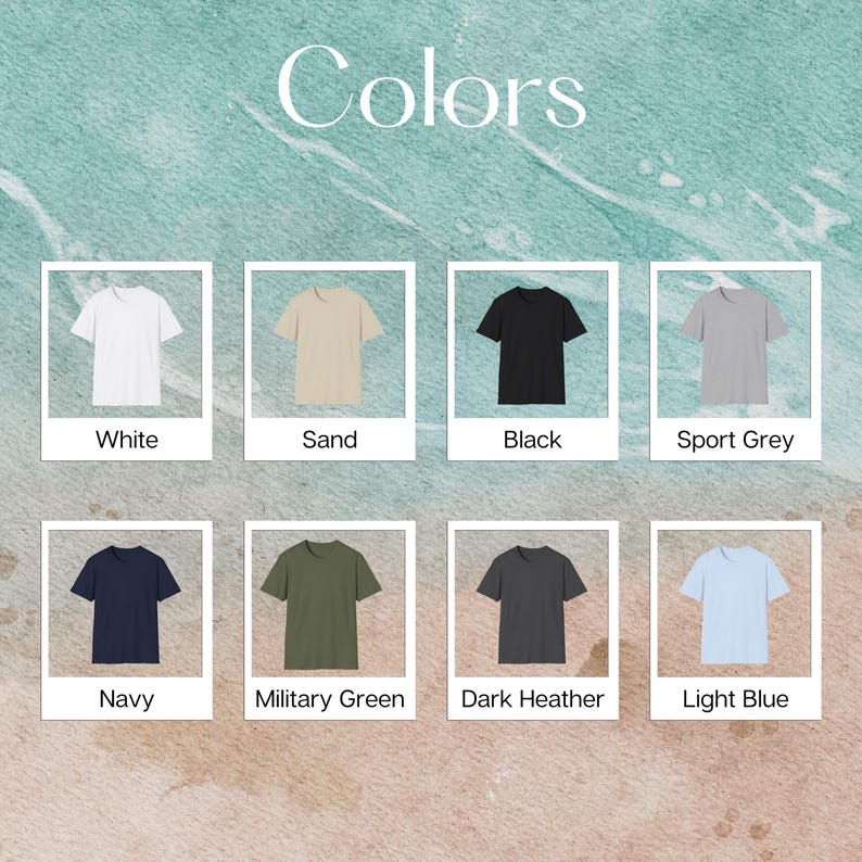 May include: A color chart displaying eight short-sleeve t-shirts in white, sand, black, sport grey, navy, military green, dark heather, and light blue. The text 'Colors' appears at the top, with each shirt labeled by its respective color name.