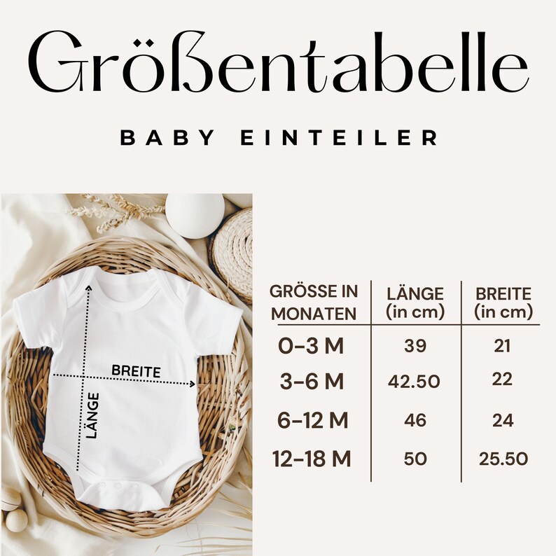 K&ouml;nnte beinhalten: Ein wei&szlig;er Baby-Einteiler in einem geflochtenen Korb, mit einer Gr&ouml;&szlig;entabelle. Die Tabelle zeigt Ma&szlig;e in cm f&uuml;r L&auml;nge und Breite, f&uuml;r die Altersgruppen 0-3 Monate bis 12-18 Monate. Der Text "Gr&ouml;&szlig;entabelle" ist sichtbar.