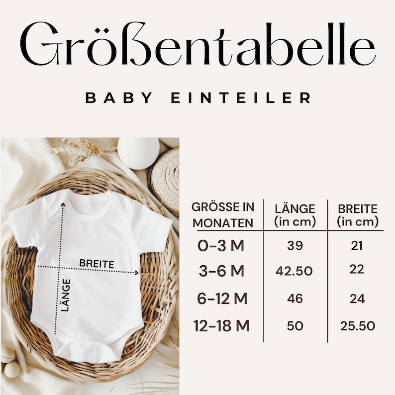 May include: A white baby onesie with a size chart in German. The chart shows measurements in centimeters for length and width, ranging from 0-3 months to 12-18 months. The text "Gr&ouml;&szlig;entabelle" is at the top.