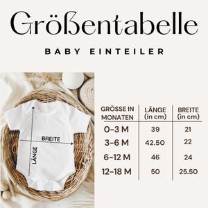 May include: A white baby onesie with a size chart in German. The chart shows measurements in centimeters for length and width, ranging from 0-3 months to 12-18 months. The text "Gr&ouml;&szlig;entabelle" is at the top.
