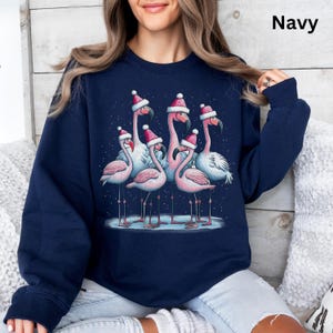 Può includere: Una felpa blu navy a maniche lunghe con una stampa grafica di cinque fenicotteri rosa che indossano cappelli di Babbo Natale rossi e bianchi. I fenicotteri sono raggruppati su uno sfondo blu scuro con piccoli punti bianchi come neve.