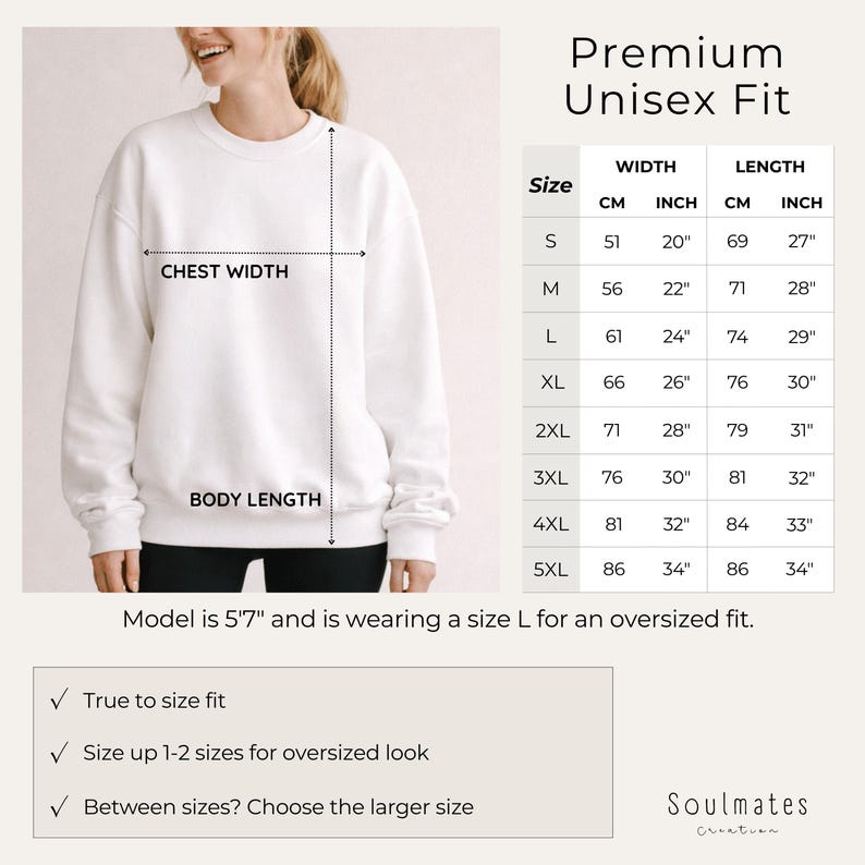 May include: A white unisex sweatshirt with chest width and body length measurements. The size chart shows measurements in inches and centimeters, ranging from size S to 5XL. The model is 5'7" and wearing a size L for an oversized fit. The text says "Premium Unisex Fit".