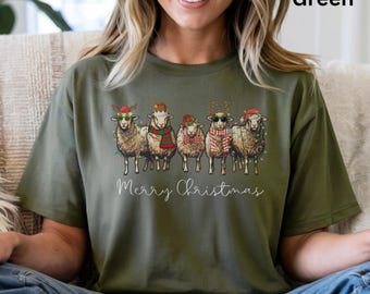 Camiseta navideña divertida de oveja, camiseta navideña para mujer, camiseta navideña con animales, camiseta de oveja, camiseta navideña, camiseta fea de Navidad, oveja linda