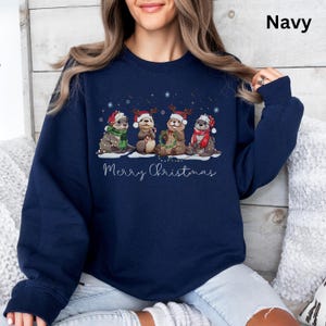 Pu&ograve; includere: Felpa blu navy con un design natalizio di lontre con cappelli e sciarpe festosi, decorate con luci a catena. La frase "Merry Christmas" &egrave; scritta in bianco sotto. La parola "Navy" &egrave; stampata in alto a destra.