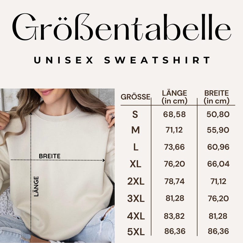 Pu&ograve; includere: Felpa unisex beige con tabella taglie in tedesco. La tabella elenca le taglie dalla S alla 5XL, con misure di lunghezza e larghezza in cm. La felpa &egrave; indossata da una persona.