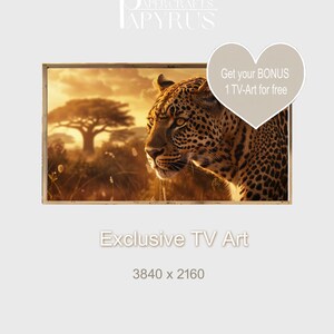 Könnte beinhalten: Eine Nahaufnahme eines Leopardenkopfes in einem goldenen Sonnenuntergang. Der Leopard blickt nach links aus dem Bild. Das Bild ist in einem Holzrahmen gerahmt. Der Text "Get your BONUS 1 TV-Art for free" befindet sich in einem herzförmigen Kasten oben rechts. Der Text "Exclusive TV Art 3840 x 2160" befindet sich unter dem Bild.
