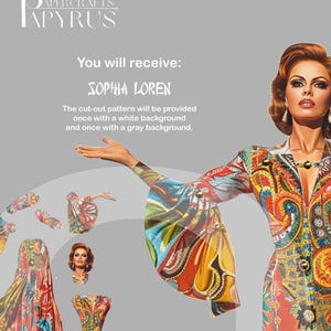 Könnte beinhalten: Ein Papiercraft-Muster von Sophia Loren, die ein farbenfrohes, gemustertes Kleid trägt. Das Muster wird sowohl mit weißem als auch mit grauem Hintergrund geliefert.