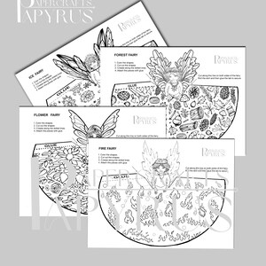 Puede incluir: Plantillas de hadas de papel para imprimir en blanco y negro. El conjunto incluye cuatro hadas: Hada de Hielo, Hada de Flores, Hada del Bosque y Hada de Fuego. Cada hada tiene un diseño detallado e instrucciones de montaje. Las instrucciones incluyen colorear las formas, recortarlas, crear pliegues a lo largo de las líneas punteadas y unir las piezas con pegamento.