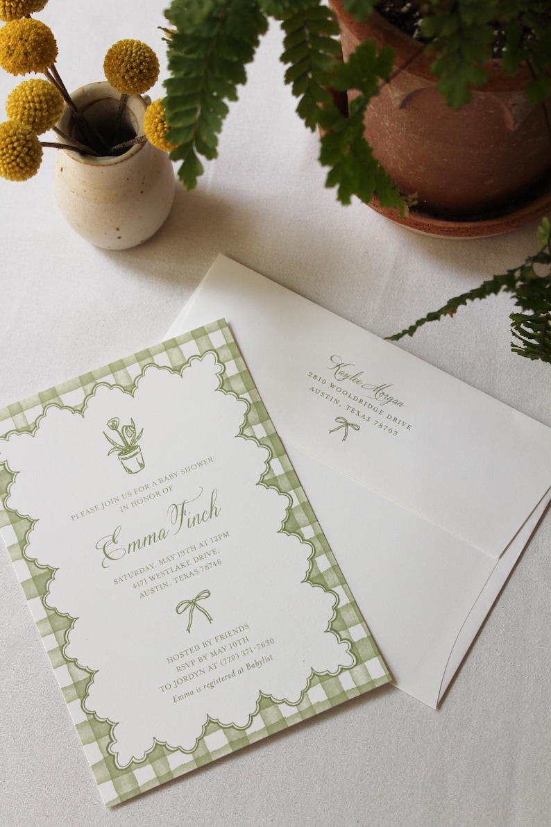 Gingham Garden Party Invitation Suite for baby shower, bridal shower or garden party. Choose from a suite of beautiful pre-existing designs & customize with your specific details. These options are great for a shorter turn-around time!