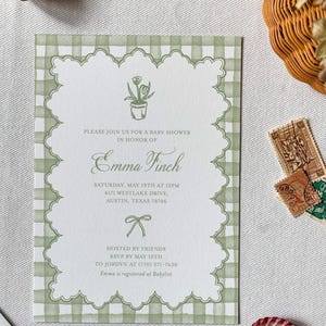 Gingham Garden Party Invitation Suite for baby shower, bridal shower or garden party. Choose from a suite of beautiful pre-existing designs & customize with your specific details. These options are great for a shorter turn-around time!