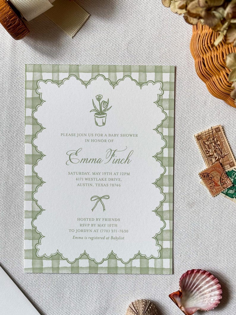 Gingham Garden Party Invitation Suite for baby shower, bridal shower or garden party. Choose from a suite of beautiful pre-existing designs & customize with your specific details. These options are great for a shorter turn-around time!