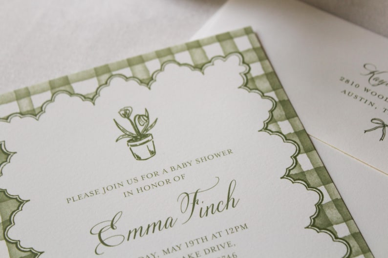 Gingham Garden Party Invitation Suite for baby shower, bridal shower or garden party. Choose from a suite of beautiful pre-existing designs & customize with your specific details. These options are great for a shorter turn-around time!