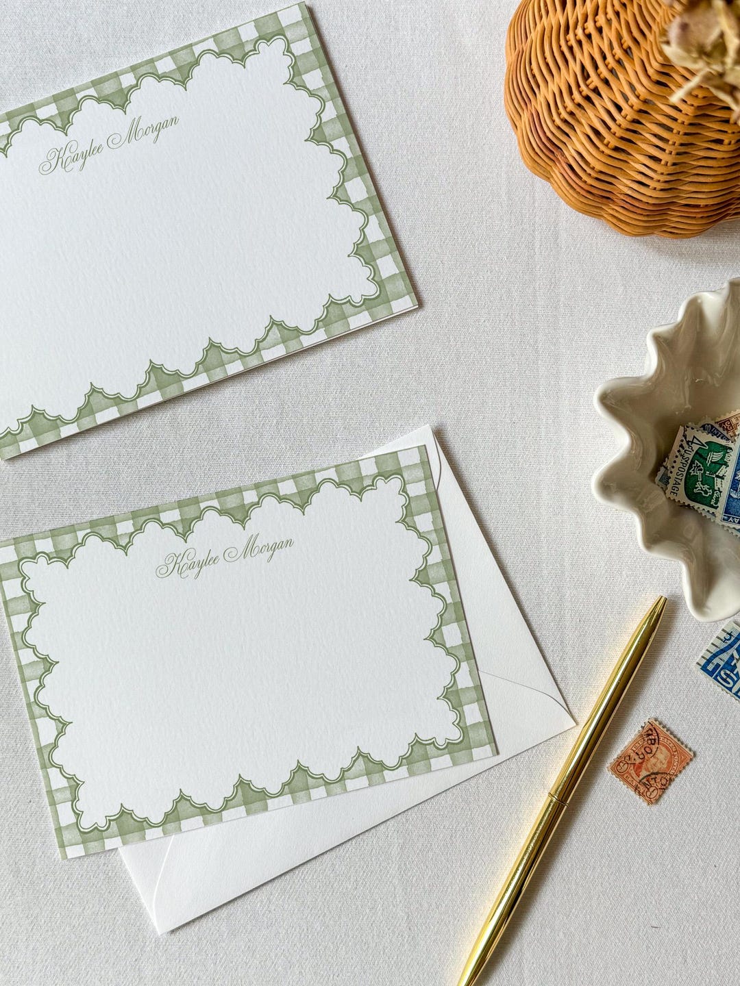Gingham Personalized Stationery Set Printed | Scallop Border Flat Note ...