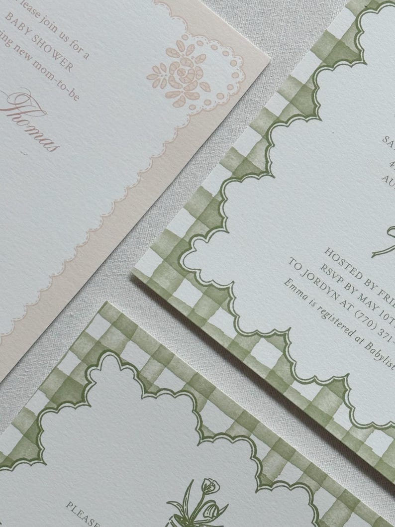 Gingham Garden Party Invitation Suite for baby shower, bridal shower or garden party. Choose from a suite of beautiful pre-existing designs & customize with your specific details. These options are great for a shorter turn-around time!